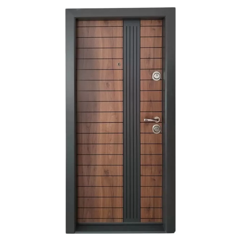 Usa metalica de apartament cu izolatie si vizor Novo Doors First Class NDS20, Deschidere Stanga Dreapta, Dimensiune 200X88 cm, Tabla 1.2 mm, Kit complet, Wenge cu insertie Gri antracit (Sens deschidere: Stanga)