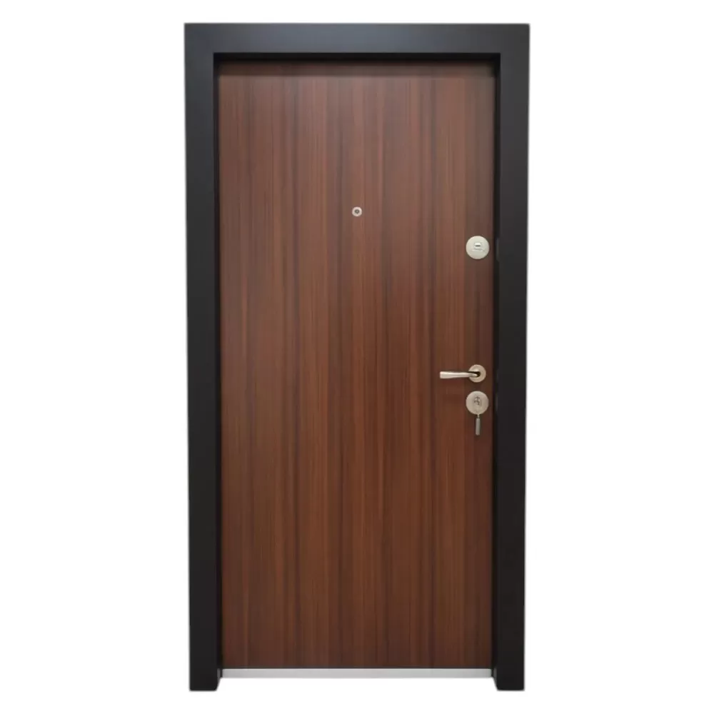 Usa metalica de exterior cu izolatie si vizor Novo Doors NDS305 Din compozit, 2 yale, Kit complet, Pentru case, Nuc (Dimensiune: 88 cm, Sens deschidere: Stanga)