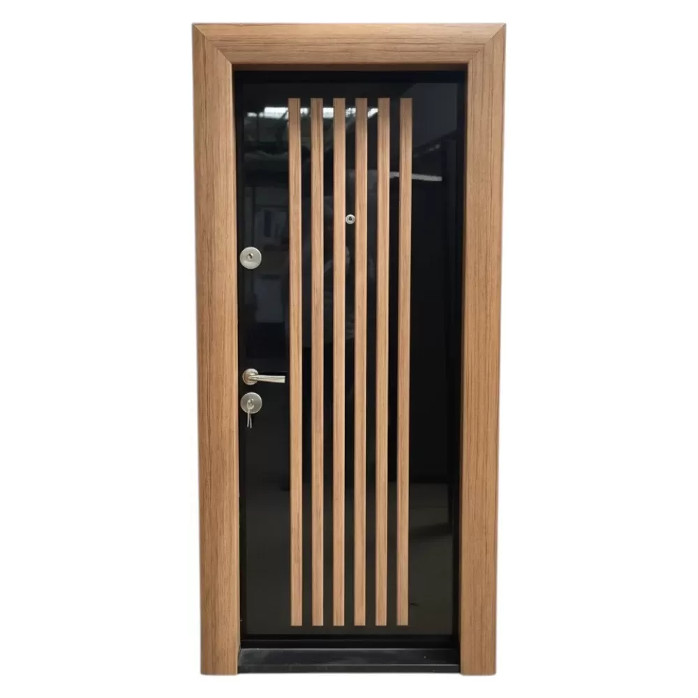 Usa metalica de apartament cu izolatie si vizor Novo Doors First Class NDS45, Deschidere Stanga Dreapta, Dimensiune 200X88 cm, Tabla 1.2 mm, Negru lucios cu riflaj MDF Stejar (Sens deschidere: Dreapta)