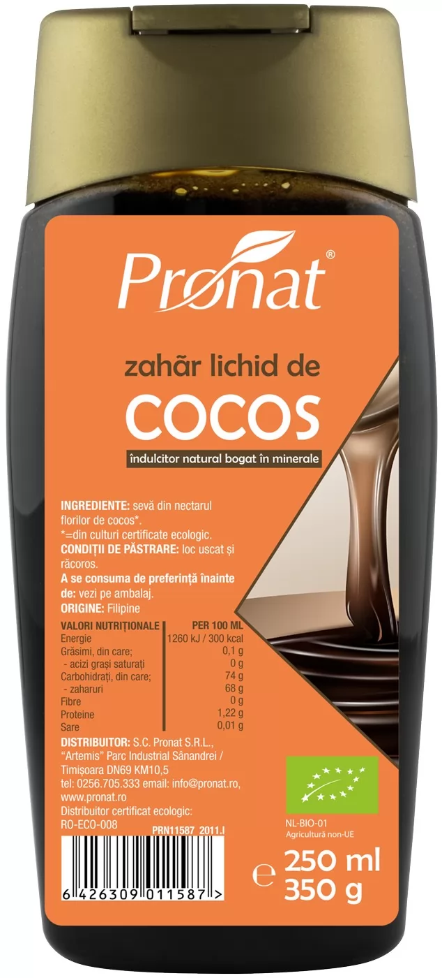 Zahar sirop de cocos, bio, 250ml 350g Pronat