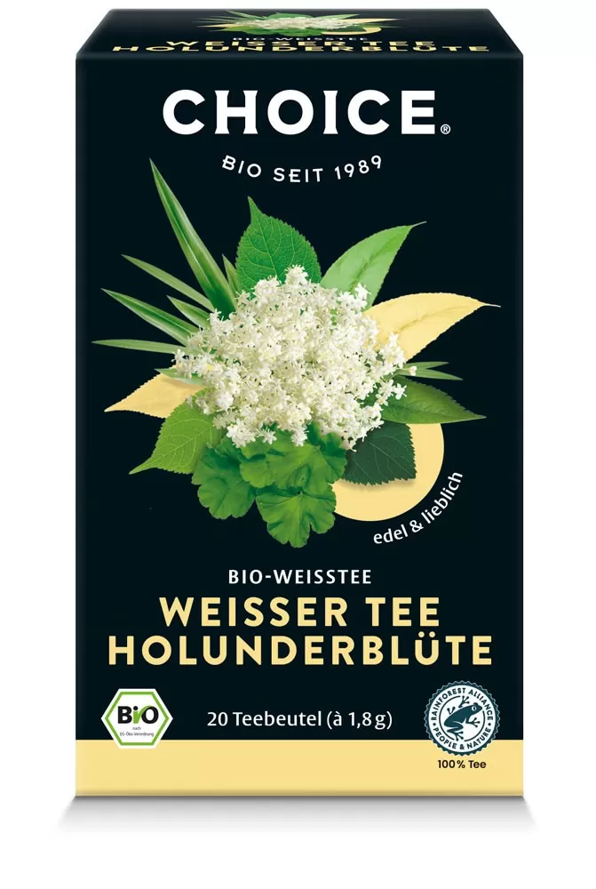 Ceai alb bio cu flori de soc, 20 pliculete a 1.8g 36.0g Choice