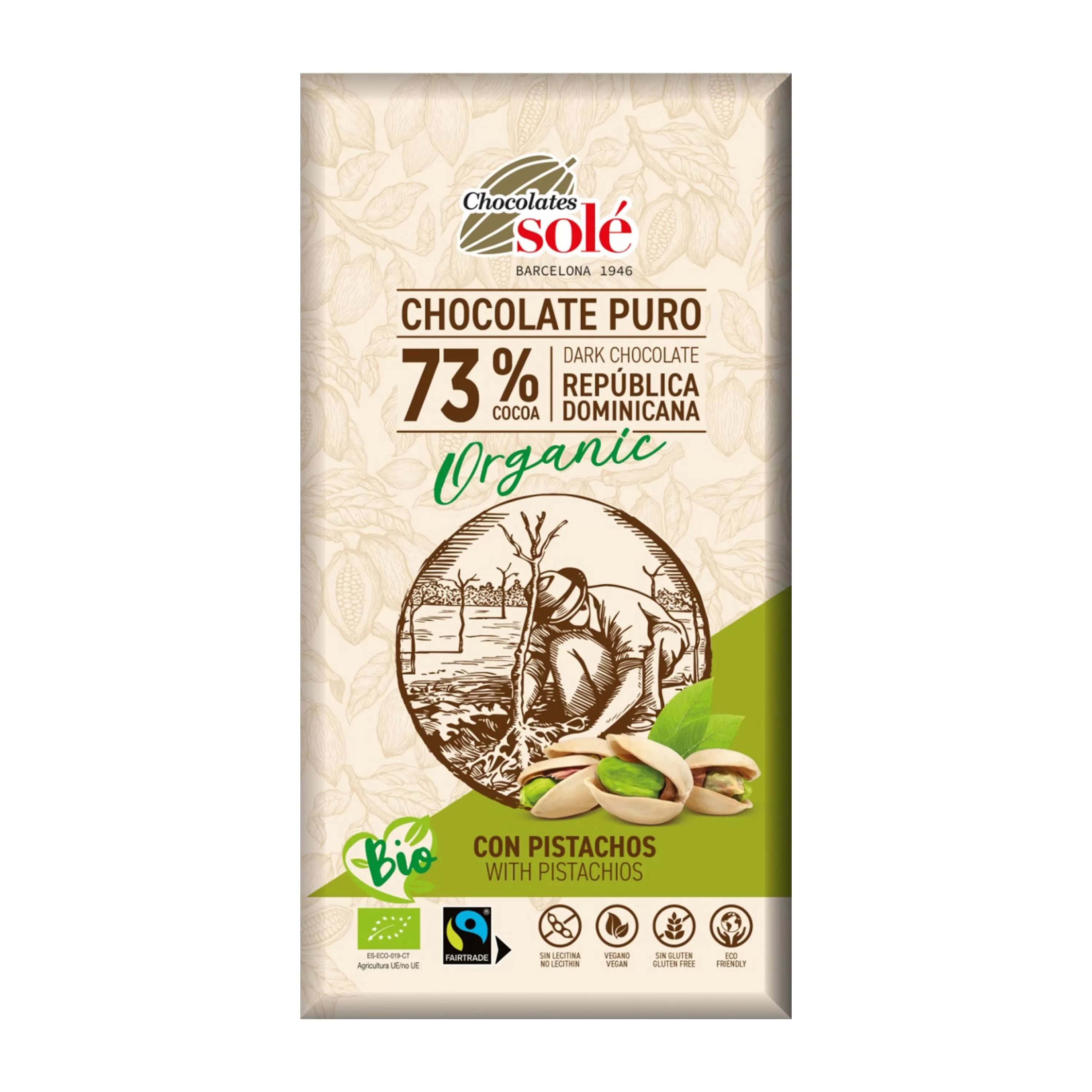 Ciocolata neagra bio cu fistic 73% cacao, 135g Chocolates Sole