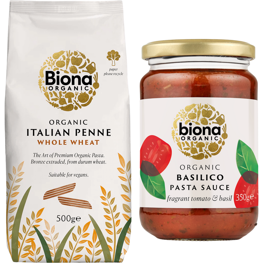 Pachet Penne Integrale din Grau Dur Ecologice Bio 500g + Sos de Rosii cu Busuioc pentru Paste Ecologic Bio 350g